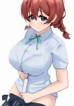  1girl aqua_eyes black_skirt blush bra bra_peek bra_visible_through_clothes braid breasts brown_hair closed_mouth clothes_pull collared_shirt emma_verde freckles hair_between_eyes heart heart-shaped_pupils highres holding_ruler large_breasts love_live! love_live!_nijigasaki_high_school_idol_club pisagi purple_bra ruler school_uniform shirt simple_background skirt skirt_pull smile solo standing symbol-shaped_pupils twin_braids underwear white_background white_shirt 