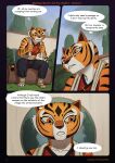 after_exercise anthro bodily_fluids bottomwear breasts clothed clothing comic digital_media_(artwork) dreamworks english_text feet felid female fingers fur grass hacatiko hi_res kung_fu_panda mammal master_tigress orange_body outside pantherine pants plant sitting solo stripes sweat sweatdrop tail text thought_bubble tiger toes topwear towel towel_around_neck