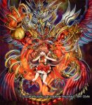  1girl between_breasts blush boots breasts brown_eyes brown_hair copyright_notice crown dragon dragon_horns dragon_tail dragon_wings dress duel_masters duel_masters_play&#039;s fire gloves highres horns kokko_rupiko long_hair matsumoto_eight medium_breasts mini_crown monster official_art open_mouth red_dress sleeveless sleeveless_dress strap_between_breasts tail very_long_hair wings 