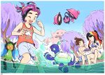  1girl 2boys :t ;d ^^^ absurdres barefoot bikini black_hair blue_bikini brown_hair carmine_(pokemon) clear_sky closed_eyes closed_mouth day eating florian_(pokemon) highres kieran_(pokemon) mixed-language_commentary multicolored_hair multiple_boys ogerpon one_eye_closed open_mouth outdoors pecharunt pokemon pokemon_sv ponytail purple_hair seb shirt shorts sidelocks sky sleeveless sleeveless_shirt smile soaking_feet splashing summer swimsuit teeth terapagos toes topless_male tree two-tone_hair upper_teeth_only wading water 