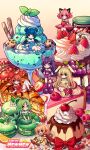 6+girls absurdres ahoge aizawa_mint akai_ringo_(tokyo_mew_mew) animal_ears apple apple_pie bare_shoulders berry bird_girl bird_wings blonde_hair bloomers blue_eyes blue_gloves blue_hair bow breasts cake cat_ears cat_girl cat_tail cherry chibi chocolate chocolate_chip_cookie choker cleavage closed_mouth cookie cream cup dessert double_bun dress elbow_gloves flower fong_pudding food fruit fujiwara_zakuro gloves grapes green_eyes green_hair hair_between_eyes hair_bun hands_on_own_thighs highres holding holding_food holding_fruit ice_cream isosceless jam kneehighs long_hair macaron magical_girl medium_breasts mermaid mew_berry mew_ichigo mew_lettuce mew_mint mew_pudding mew_ringo mew_zakuro midorikawa_lettuce mint momomiya_ichigo monkey_ears monkey_girl monkey_tail monster_girl multiple_girls orange_eyes orange_hair pie pink_eyes pink_gloves pink_hair pudding purple_eyes purple_hair purple_skirt purple_tube_top rabbit_ears rabbit_girl red_bow red_dress seiza shirayuki_berry short_hair sitting skirt socks strapless strapless_dress strawberry strawberry_cake tail tart_(food) thigh_strap tokyo_mew_mew tube_top white_bloomers white_gloves wings wolf_ears wolf_girl wolf_tail yellow_eyes yellow_gloves 