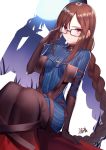  1girl adjusting_eyewear black-framed_eyewear black_dress black_gloves blue_bodysuit bodysuit braid breasts brown_hair center_opening closed_mouth commentary_request consort_yu_(fate) consort_yu_(fate/grand_order) covered_collarbone covered_navel dress dutch_angle ear_piercing eyebrows_visible_through_hair fate/grand_order fate_(series) glasses gloves gogatsu_fukuin highres long_hair looking_at_viewer medium_breasts megane piercing red_eyes ribbon-trimmed_dress sidelocks single_braid sitting striped_bodysuit very_long_hair zoom_layer 