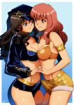  2girls absurdres adapted_costume alternate_costume alternate_eye_color armlet asymmetrical_docking black_hat black_shorts blue_eyes breast_press breasts brown_hair bulge bulge_press bulges_touching celica_(fire_emblem) celica_(warrior_princess)_(fire_emblem) cleavage commission crop_top dorothea_arnault erection erection_under_clothes fire_emblem fire_emblem:_three_houses fire_emblem_echoes:_shadows_of_valentia fire_emblem_heroes futa_with_futa futanari garreg_mach_monastery_uniform gold_armlet gravydood hat highres holding_hands jewelry looking_at_another medium_breasts midriff multiple_girls non-web_source official_alternate_costume peaked_cap red_hair short_shorts shorts thighs yellow_shorts 