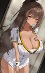  1girl absurdres animal_print black_nails blush breasts brown_hair cleavage closed_mouth collarbone commentary_request dark-skinned_female dark_skin fingernails goddess_of_victory:_nikke hand_on_own_chest highres large_breasts long_hair looking_at_viewer murding nail_polish no_pants noir_(baseball_cheerleader)_(nikke) noir_(nikke) official_alternate_costume official_alternate_hairstyle ponytail rabbit_print see-through_clothes see-through_shirt shirt shirt_tug short_sleeves solo steaming_body striped_clothes striped_shirt sweat thighs vertical-striped_clothes vertical-striped_shirt very_long_hair white_shirt yellow_eyes 