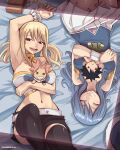  2girls absurdres artist_name black_hair black_shorts black_thighhighs blonde_hair blue_hair blue_hat blue_shirt breasts brown_eyes character_doll closed_eyes commentary doll english_commentary fairy_tail gray_fullbuster grin hat highres hugging_doll hugging_object joshdinobarney juvia_lockser key large_breasts long_hair lucy_heartfilia lying midriff multiple_girls natsu_dragneel navel on_bed open_mouth pink_hair sharp_teeth shirt short_shorts short_twintails shorts sidelocks skirt smile teeth thighhighs twintails twitter_username unworn_hat unworn_headwear upper_teeth_only white_skirt 