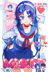  1boy 2girls arm_behind_back bad_source blue_hair blue_hairband blue_serafuku blue_skirt blush bow bowtie breasts chinese_text choker collarbone crazy_mita_(miside) english_text facing_viewer hair_ornament hairband hairclip hand_on_own_hip heart highres kind_mita_(miside) leaning_forward looking_at_viewer miside mita_(miside) multiple_girls official_art open_mouth photo_(object) player_character_(miside) pleated_skirt red_bow red_bowtie red_choker school_uniform serafuku shirt_tucked_in skirt smile solo_focus standing twintails 