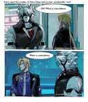 annoyed anthro blonde_hair canid canine canis clothing duo english_text formal_clothing fur hair harness hi_res hugo_vlad humanoid humanoid_pointy_ears humor leather leather_harness long_hair male mammal mihoyo pointy_ears ponytail suit text tou_booo tsundere von_lycaon white_body white_fur wolf zenless_zone_zero