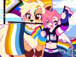 ambiguous_gender angel arcanine aroace_pride_colors blonde_hair clothing cloud confetti duo feral flag genderfluid_pride_colors generation_1_pokemon hair happy hi_res hoodie humanoid intersex-inclusive_progress_pride_colors kerchief kerchief_only kingsillysmilez lgbt_pride lgbt_pride_month male navel nintendo outside pansexual_pride_colors pink_hair pokemon pokemon_(species) pride_colors sky topwear transgender_pride_colors wings
