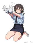  1girl blush cuffs glasses gloves handcuffs highres looking_at_viewer momijiyama_teru pencil_skirt police police_uniform policewoman shirt shoes short_hair shy_(series) simple_background skirt solo takatisakana white_background 