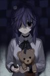  1girl bad_source black_bow black_bowtie black_choker black_eyes blue_hair bow bowtie choker creepy_mita_(miside) facing_viewer hair_between_eyes hair_ornament highres holding holding_knife holding_stuffed_toy knife long_bangs long_sleeves looking_at_viewer medium_hair miside mita_(miside) official_art open_mouth shadow shirt solo standing stuffed_animal stuffed_toy teddy_bear upper_body wavy_hair white_shirt 