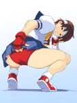  1girl ass blue_skirt brown_eyes brown_hair buruma coveredcore fingerless_gloves full_body gloves headband highres kasugano_sakura looking_at_viewer miniskirt red_buruma red_gloves school_uniform shirt shoes short_hair skirt smile sneakers solo squatting street_fighter thighs tomboy v white_shirt 