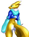  2015 anthro back bandai blue_eyes blush bottomless butt canine chest_tuft clothed clothing digimon female fox fur half-dressed looking_at_viewer looking_back mammal plain_background pussy rear_view renamon solo standing thunder-renamon tuft white_background yellow_fur 