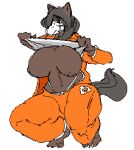 anthro areola big_breasts bone breasts brown_body canid canine clothing clothing_pull crouching exposed_breasts female mal0 mammal nipples orange_jumpsuit partb_(artist) scp-1471-a scp_foundation shirt showing_chest skull skull_head skulldog_(species) solo tail thick_thighs topwear white_clothing white_shirt white_topwear wide_hips