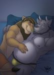  bed belly chubby clothed clothing couple cuddling cute demon feline gay half-dressed lay0wn lion love lying male mammal nude thingyreloaded topless tybalt-elric 