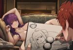  1boy 1girl aroused_nosebleed black_hair blunt_bangs breasts commentary completely_nude draw_me_like_one_of_your_french_girls_(meme) drawing_(action) drawing_(object) fern_(sousou_no_frieren) frieren holding holding_pencil holding_sketchbook indoors jk_arts long_hair meme modeling multicolored_hair nude nude_modeling pencil purple_eyes purple_hair red_hair roots_(hair) scene_reference sketchbook sketching sousou_no_frieren stark_(sousou_no_frieren) titanic_(movie) twitter_username 