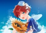  1boy amagi_hiiro anchor anchor_hat_ornament aqua_eyes blue_shirt blue_sky ensemble_stars! flower hair_between_eyes hat hat_ornament highres holding holding_flower light_particles looking_back male_focus mini_hat open_mouth red_hair shirt shisokonbu short_hair short_sleeves sky smile solo sunflower teeth upper_body upper_teeth_only yellow_flower 