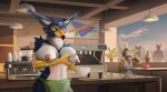 absurd_res anthro apron apron_only avali avian barista beverage big_breasts bird blue_body blue_eyes blue_fur bodily_fluids breast_milking breasts claws clothed clothing coffee coffee_cup coffee_mug coffee_shop container cup detailed detailed_background detailed_nipples deya_(billeur_entropy) dimitri_(flameristics) dinosaur dripping duo ear_piercing erect_nipples erection exposed_breasts feathers female fluffy fur gold_(metal) gold_jewelry green_clothing gryphon haral hi_res holding_breast holding_container holding_object huge_breasts humanoid jewelry lactating light male male/female mature_female milk mythological_avian mythological_creature mythology nipple_piercing nipples partially_clothed piercing prehistoric_species public public_nudity reptile scalie solo sunlight topless white_body white_fur