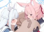  1boy 2girls :&gt;= anilingus animal_ear_fluff animal_ears blue_archive blue_halo blue_serafuku censored erection face_in_ass fake_animal_ears fellatio ffm_threesome fox_ears fox_girl group_sex halo hetero highres large_penis licking miyako_(blue_archive) multiple_girls niko_(blue_archive) oral oral_sandwich penis pink_hair rikoping2000 school_uniform serafuku sweat tactical_school_uniform teamwork_(sexual) threesome trembling x-ray 