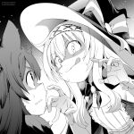 2girls animal_ears cat_girl company_name copyright_notice dress flat_chest greyscale hair_between_eyes hat highres little_witch_nobeta long_hair looking_at_viewer monochrome multiple_girls nobeta official_art phyllis_(human)_(little_witch_nobeta) phyllis_(little_witch_nobeta) striped_clothes striped_dress tongue tongue_out upper_body vertical-striped_clothes vertical-striped_dress witch_hat 
