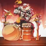 2025 2_horns anthro armor barazoku bass_drum black_boots black_bottomwear black_clothing black_footwear black_pants boots bottomwear branch brown_horn burning_object claws clothing cymbals dragon drum drum_set drumstick_(musical) electronics fiery_headphones finger_claws fire footwear grin guixu headphones headphones_around_neck hi_res holding_drumstick horn knife leather leather_bottomwear leather_clothing leather_pants leather_suspenders male multicolored_body multicolored_scales muscular muscular_anthro muscular_male musical_instrument mythological_creature mythological_scalie mythology pants percussion_instrument pyrotechnics red_body red_scales scales scalie shoes smile solo spaulder spiked_spaulder suspenders tan_body tan_scales teseirei two_tone_body two_tone_scales vambrace