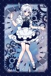  1girl apron blue_background blue_eyes blue_shoes blue_skirt blue_vest bow braid closed_mouth collared_shirt commentary danmaku full_body gears green_bow green_ribbon grey_hair hair_bow highres holding holding_knife holding_pocket_watch izayoi_sakuya knife long_hair looking_at_viewer maid maid_headdress mozukuzu_(manukedori) neck_ribbon pocket_watch puffy_short_sleeves puffy_sleeves ribbon shirt shoes short_sleeves side_braids skirt smile socks solo standing thigh_strap throwing_knife touhou twitter_username vest waist_apron watch weapon white_apron white_shirt white_socks wrist_cuffs 