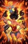  4girls armored_boots bare_shoulders black_bodysuit black_hair blonde_hair blue_eyes blue_jacket bodysuit boots bracer brown_eyes cassie_sandsmark clenched_hands comic_cover dark-skinned_female dark_skin david_nakayama dc_comics donna_troy highres initial jacket long_hair looking_at_viewer multiple_girls official_art open_clothes open_jacket sleeveless sleeveless_bodysuit textless_version tiara white_boots wonder_girl wonder_woman wonder_woman_(series) yara_flor 