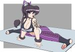 absurd_res alys_faiblesse_(zelripheth) anthro arm_tattoo arm_tuft big_breasts big_butt black_eyeshadow black_hair breasts butt canid canine canis domestic_dog eye_through_hair eyebrow_piercing eyebrow_through_hair eyebrows eyeshadow facial_piercing female flare_pants flexible floppy_ears hair hi_res looking_at_viewer makeup mammal pawpads piercing ponytail poodle purple_eyes raised_tail simple_background smile smiling_at_viewer solo standard_poodle tail tail_tuft tattoo translucent translucent_hair tuft wide_hips wrist_tuft zelripheth