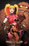 1girl alternate_costume batman batman_(series) black_boots black_gloves black_hair black_nails blonde_hair blue_eyes boots breasts clayface colored_skin comic_cover david_nakayama dc_comics elbow_gloves fingerless_gloves gloves harley_quinn heart_on_cheek highres initial long_hair medium_breasts monster multicolored_hair official_art red_hair red_lips textless_version twintails white_skin 