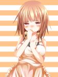  1girl apron bare_shoulders blush breasts brown_apron brown_hair chikuwa_savy commentary_request crying crying_with_eyes_open frilled_apron frills hand_to_own_mouth hand_up highres kashii_airi large_breasts looking_at_viewer medium_hair nose_blush orange_background pink_eyes rou-kyuu-bu! solo striped_background tears two-tone_background upper_body 