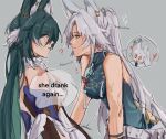  2girls ? animal_ears breasts chinese_text commentary drunk english_commentary english_text feixiao_(honkai:_star_rail) fox_ears fox_girl green_hair green_shirt grey_background grey_hair heart highres honkai:_star_rail honkai_(series) long_hair multiple_girls ponytail shirt sleeveless sleeveless_shirt speech_bubble the_quipper thought_bubble translated yukong_(honkai:_star_rail) 