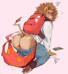 2024 annoyed anthro backpack big_butt biped blush bottomwear bottomwear_down boxers_(clothing) brown_body brown_fur bubble_butt bulge butt butt_jiggle cellphone claws clothed clothed_anthro clothed_male clothing colored denim denim_bottomwear denim_clothing digitigrade electronics embarrassed eyes_mostly_closed felid fingers frown fur guide_lines harryharold head_turned hi_res humanoid_hands humiliation jeans jiggling kneeling leaning leaning_forward lion looking_at_viewer looking_back male mammal mane narrowed_eyes pantherine pants pants_down partially_clothed pawpads phone pink_background shirt simple_background smartphone solo tail three-quarter_view toe_claws topwear underwear wedgie white_clothing white_shirt white_topwear