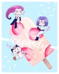  1boy 1girl animal_ears blue_background blue_hair cat_ears cat_tail chibi crossed_legs earrings food green_eyes heart james_(pokemon) jessie_(pokemon) jewelry jogurtti meowth open_mouth oversized_food oversized_object pokemon pokemon_(anime) pokemon_(creature) popsicle sitting sparkle sphere_earrings tail team_rocket team_rocket_uniform 