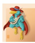 2025 absurd_res animal_humanoid anthro avian avian_feet avian_humanoid balls bard_(monster_sanctuary) beak cape clothing colored digital_media_(artwork) feathers flaccid floating foreskin full-length_portrait garo_(artist) genitals gradient_background hat headgear headwear hi_res humanoid line_art looking_away lute male mandolin monster_sanctuary musical_instrument penis playing_music plucked_string_instrument portrait shaded simple_background solo string_instrument