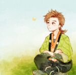  1boy black_hakama black_shirt blue_sky bokujou_monogatari bokujou_monogatari:_mittsu_no_sato_no_taisetsuna_tomodachi brown_eyes brown_hair bug butterfly closed_mouth collarbone crossed_arms expressionless full_body green_haori hair_bobbles hair_ornament hakama hakama_pants haori hinata_(bokujou_monogatari) indian_style japanese_clothes jinbei_(clothes) light_particles looking_at_animal looking_to_the_side male_focus on_grass orange_butterfly orange_shirt pants paper_texture parted_bangs rattail salad726 sandals shirt short_hair side_part sitting sky solo spiked_hair three-quarter_sleeves zouri 