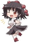  1girl ;d black_hair black_ribbon black_skirt blush chibi chibi_only collared_shirt commentary frilled_skirt frills full_body geta hat highres looking_at_viewer neck_ribbon notice_lines one_eye_closed open_mouth pom_pom_(clothes) red_eyes red_hat red_shoes ribbon rokugou_daisuke shameimaru_aya shirt shoes short_hair short_sleeves signature simple_background skirt smile socks solo standing tengu-geta tokin_hat touhou white_background white_shirt white_socks 