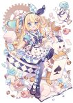  1girl :d ace_(playing_card) ace_of_spades alice&#039;s_adventures_in_wonderland alice_(alice_in_wonderland) apron argyle_clothes argyle_pantyhose black_bow black_bowtie black_hairband black_pantyhose blonde_hair blue_dress blue_eyes blue_flower blue_petals blue_rose blush book bow bow_hairband bowtie brown_shoes card checkered_clothes checkered_dress commentary cup dress flower food frilled_apron frills fruit full_body gear_hair_ornament gears hair_flower hair_ornament hairband heart highres holding holding_cup hyou_(pixiv3677917) key long_hair macaron multicolored_pantyhose open_book open_mouth oversized_object pantyhose playing_card playing_card_hair_ornament playing_card_print pocket_watch print_pantyhose ribbon-trimmed_apron ribbon-trimmed_sleeves ribbon_trim rose shoes short_sleeves signature simple_background sitting smile solo spade_(shape) spoon strawberry sugar_cube tea teacup teapot watch white_apron white_background white_flower white_pantyhose white_petals white_rabbit_(animal) white_rose wrist_cuffs 