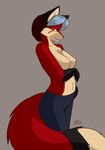  2015 anthro black_fur blue_hair breasts brown_hair canine clothed clothing female fluffy_tail fox fur hair half-dressed jeans looking_at_viewer mammal multicolored_hair red_fur scar smile solo starfighter topless white_fur yellow_eyes 