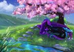 ambiguous/ambiguous ambiguous_gender black_body black_horn black_scales blue_body blue_fur blue_horn blue_mane cherry_blossom dragon duo feral flower fur grass hi_res horn liluay male mane mythological_creature mythological_scalie mythology plant prunus_(flower) purple_body purple_scales rock scales scalie ventral_scales