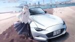 1girl absurdres amahari_koishi bird black_ribbon black_skirt blue_sky boots brick_floor brown_boots building car city cloud commentary commission convertible day green_eyes highres hyogo_prefecture indie_virtual_youtuber knee_boots kobe license_plate long_hair long_skirt mazda mazda_mx-5 mazda_mx-5_nd motor_vehicle neck_ribbon outdoors plaid_clothes plaid_skirt png_pant_(bus) real_world_location revision ribbon river shadow shirt skeb_commission skirt sky skyscraper solo sports_car standing virtual_youtuber white_car white_hair white_shirt 