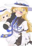  1boy 1girl absurdres black_collar black_gloves blonde_hair blue_sash blush breasts cheek_pull closed_mouth collar cube_(wuthering_waves) dual_persona gloves hair_ornament hat highres long_hair long_sleeves looking_at_viewer male_rover_(wuthering_waves) medium_breasts molyb one_eye_closed pantyhose phoebe_(wuthering_waves) purple_eyes rover_(wuthering_waves) sash shirt simple_background sketch skirt solo_focus sweatdrop very_long_hair white_background white_hat white_pantyhose white_shirt white_skirt wuthering_waves x_hair_ornament 