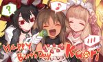  3girls ? ^_^ animal_ear_fluff animal_ears animal_hands antenna_hair artist_logo asicah bare_shoulders black_hair bonnet brown_hair character_name choker closed_eyes closed_mouth coat coat_on_shoulders dark-skinned_female dark_skin dated dress eighth_note facing_viewer fangs fox_ears frilled_hairband frills fur_choker gloves hairband happy_birthday illya_(princess_connect!) illya_(small)_(princess_connect!) kaori_(princess_connect!) logo long_hair maho_(princess_connect!) multiple_girls musical_note open_mouth party_popper paw_gloves pink_dress princess_connect! red_eyes simple_background smile spoken_blush spoken_musical_note spoken_question_mark upper_body watermark white_coat white_gloves yellow_background 