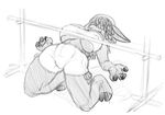  anthro beanie bent_over big_breasts breasts caprine clothing crop_top dreadlocks female hair hair_over_eyes hat hooves huge_breasts ken_sample limbo long_ears long_hair mammal monochrome nipple_bulge noniyah_(wolfkidd) sheep shorts solo thick_thighs voluptuous 
