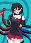  1girl absurdres adapted_costume asymmetrical_wings black_dress black_hair blue_background blue_wings blush breasts canonball_(dungigi12) closed_mouth commentary_request cowboy_shot dress earrings frilled_dress frills highres houjuu_nue jewelry korean_commentary looking_at_viewer medium_breasts pointing pointing_at_self pointy_ears red_eyes red_wings short_dress short_hair smile solo tomoe_(symbol) tongue tongue_out touhou wings 
