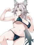  1girl animal_ear_piercing animal_ears bikini black_bikini breasts cleavage closed_mouth feixiao_(honkai:_star_rail) fox_ears fox_girl grey_eyes highres honkai:_star_rail honkai_(series) large_breasts long_hair looking_at_viewer navel ponytail saint_laurent_paris solo swimsuit very_long_hair white_background 