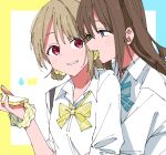  2girls blue_border blue_bow blue_bowtie blue_eyes border bow bowtie brown_hair cellphone character_logo choker collared_shirt commentary grin gyaru gyarugasaki hair_ornament hair_scrunchie haruruhaharur highres holding holding_phone long_hair looking_at_another love_live! love_live!_nijigasaki_high_school_idol_club multiple_girls nakasu_kasumi official_alternate_costume open_mouth osaka_shizuku phone red_eyes school_uniform scrunchie shirt short_hair smartphone smile symbol-only_commentary upper_body white_background white_shirt yellow_border yellow_bow yellow_bowtie yuri 