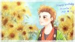  1boy black_shirt blue_sky blush bokujou_monogatari bokujou_monogatari:_mittsu_no_sato_no_taisetsuna_tomodachi border brown_eyes brown_hair closed_mouth cloud collarbone dated flower green_haori hair_bobbles hair_ornament haori happy_birthday heart hinata_(bokujou_monogatari) japanese_clothes jinbei looking_at_flowers looking_to_the_side male_focus paper_texture parted_bangs portrait rattail red_shirt salad726 shirt side_part sky smile solo sunflower white_border 