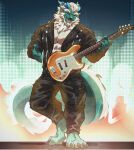 2025 2_horns abs anthro barazoku barefoot bass_guitar black_clothing black_jacket black_topwear blue_horn cangdi claws clothing dragon feet fire gesture gold_ring guitar hair hand_gesture hi_res holding_bass horn horn_jewelry horn_ring jacket jewelry leather leather_clothing leather_jacket leather_topwear male mane multicolored_body multicolored_scales muscular muscular_anthro muscular_male musical_instrument mythological_creature mythological_scalie mythology one_eye_closed pecs plucked_string_instrument pyrotechnics ring_(jewelry) scales scalie solo string_instrument tail_mane tan_body tan_scales teal_body teal_scales teseirei thumbs_up toe_claws topwear two_tone_body two_tone_scales white_hair wink yellow_eyes