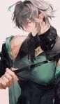  1boy alhaitham_(genshin_impact) aqua_hair chest_jewel chest_strap colored_inner_hair compression_shirt fingernails gem genshin_impact glove_in_mouth gloves green_eyes green_gemstone grey_background grey_hair headphones headphones_around_neck highres jacket large_pectorals male_focus mouth_hold multicolored_hair muscular muscular_male pectorals short_hair simple_background sleeveless solo unworn_jacket upper_body vyqi 