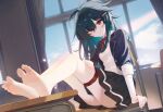  1girl aqua_eyes bandaged_arm bandages bare_legs barefoot black_hair black_skirt character_request classroom closed_mouth commission copyright_request curtains daxieshen_huashi desk eyelashes feet feet_on_table frilled_thigh_strap full_body gradient_hair hair_between_eyes hair_ornament hairclip indoors legs long_hair looking_at_viewer miniskirt multicolored_hair pleated_skirt red_eyes school_desk school_uniform sitting skirt smile soles solo thigh_strap toes window 