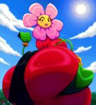 absurd_res big_breasts big_butt black_eyes blush bracelet breasts butt cleavage clothed clothing dress elemental_creature eyebrows eyelashes female flora_fauna flower freckles glistening glistening_eyes green_body hi_res huge_butt jewelry leaf leaf_arms lips mommy_flower pearl_bracelet petals pink_lips pink_petals plant rear_view red_clothing red_dress rosy_cheeks solo walter_sache yellow_face